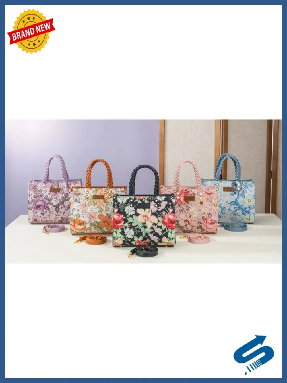 Floral Print Braided Tote with Detachable Strap - Faux Leather 11.3